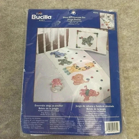 Bucilla Baby Cross Stitch Kit Sheet & Pillowcase Jungle Babies 43272 Vintage New - Picture 6 of 7